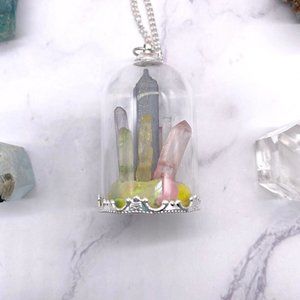 Hand Crafted Pink Yellow Green Crystal Dome Necklace